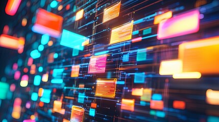 Files and folders bursting with colorful tags, encircled by luminous network connections, symbolizing organized digital information.