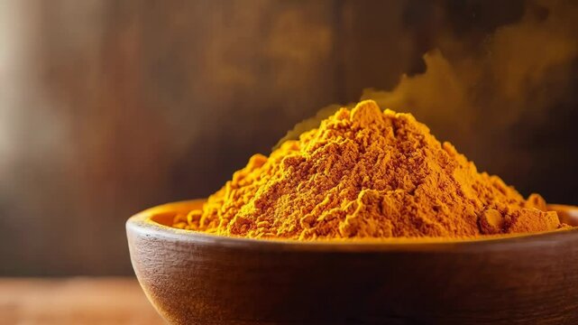 Golden Turmeric Powder in Wooden Bowl