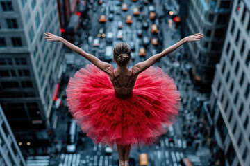 A ballerina in a striking red tutu stands poised on a rooftop, overlooking a bustling city street below, capturing the dynamic interplay of art and urban life.