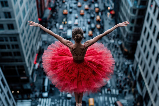 A ballerina in a striking red tutu stands poised on a rooftop, overlooking a bustling city street below, capturing the dynamic interplay of art and urban life. - Powered by Adobe