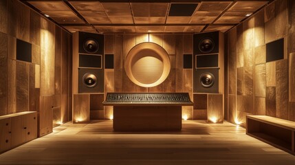 A modern recording studio with wood paneling, a mixing console, and large speakers.