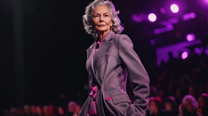 Senior woman in a tailor-made pantsuit, breaking age stereotypes on the runway