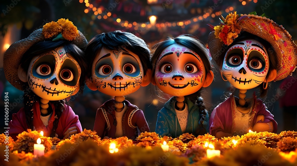 Wall mural group of 4 children in cartoon style, inspired by the movie coco by disney and pixar.