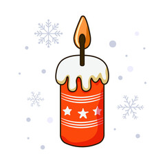Christmas and new year holiday candle, gift candle to create a cosy atmosphere. Happy new year decorations. New year and Christmas celebration. Isolated vector illustration
