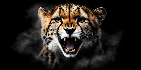 Obraz premium Cheetah Roaring on Black Background with Space for Text