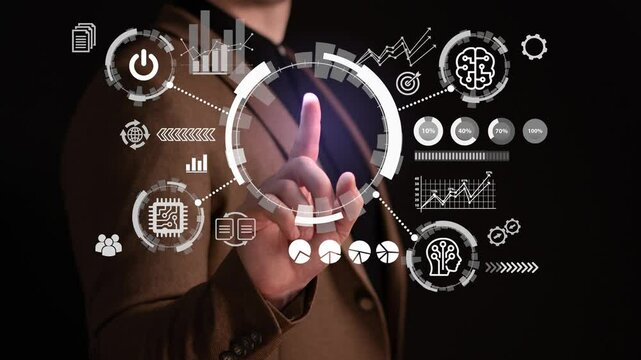 AI concept with young man touching on virtual dashboard.Automation concept.Machine learning, Big data network and innovation .New technology trends.Place for logo