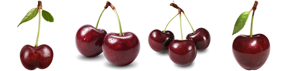 Collage of cherry illustrations isolated on white background. Set of PNG isolated fruits.