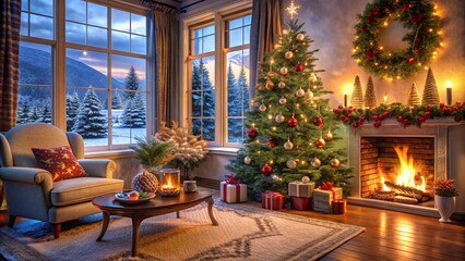 A cozy living room decorated for Christmas, featuring a beautifully lit tree, a wreath above a roaring fireplace, and presents under the tree. Snowy mountains are visible through the large window at s