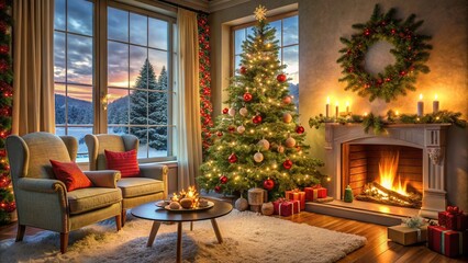 A cozy living room decorated for Christmas, featuring a beautifully lit tree, a wreath above a roaring fireplace, and presents under the tree. Snowy mountains are visible through the large window at s