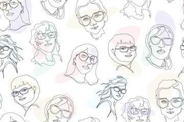 Continuous one line drawing. Seamless pattern from portraits of women and girls in glasses in minimalistic modern style on the white background