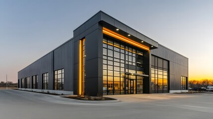 Obraz premium Photo of an industrial building with black steel and blue accents, modern design
