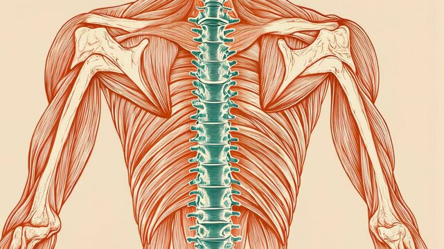 A detailed illustration shows the muscles and bones of the upper back and shoulders