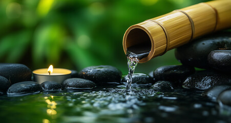 Water flowing from a bamboo tube to black stones, with a candle on a green background