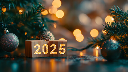 Wooden cubes with the text 2025 on a blurred background of lights, a Christmas tree, and a bokeh effect. A New Year concept