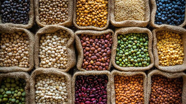 A variety of dried beans and legumes are displayed in burlap sacks, ready for sale at a market stall