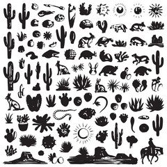 Fototapeta premium Black and white cactus plants silhouette illustration set.