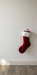 A single red Christmas stocking with a white cuff hanging on a plain white wall, casting a soft shadow on a wooden floor.