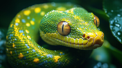 Fototapeta premium Vibrant Green Python Curled on Leaves