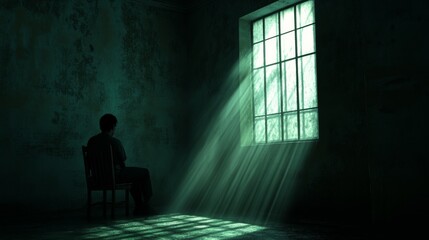 solitary figure in a dimly lit room with light streaming through a window, atmospheric solitude concept