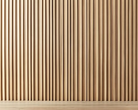 Bright and airy Bauhaus inspired interior featuring a vertical wood slat wall with uniform parallel lines and a smooth sanded finish creating a clean contemporary and minimalist atmosphere