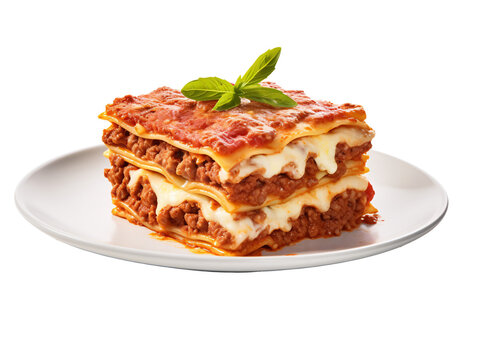 a plate of lasagna on a white background