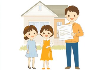 Obraz premium A family standing in front of a house, holding a mortgage document
