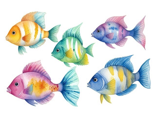 Four Colored fish painted with watercolors on a white background. Clip art, stickers.