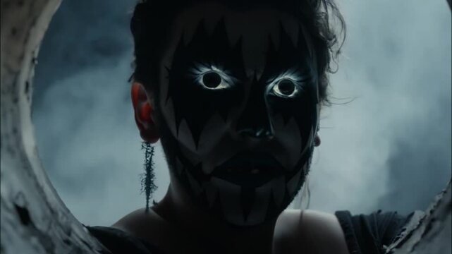 Horizontal Halloween video, festive makeup, man painted as witcher with scary eyes