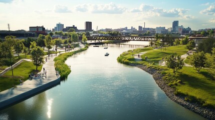 Urban River Park with Walkways, Boating, and Green Spaces, City Skyline in Background, Ideal for Recreation, Urban Planning, and Environmental Design Concepts