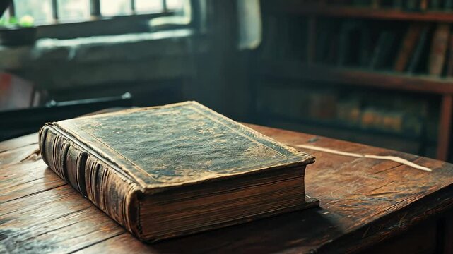 A worn leather-bound book rests on a wooden table in a dimly lit room