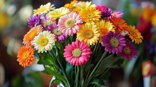 A vibrant bouquet of colorful gerber daisies arranged in a vase