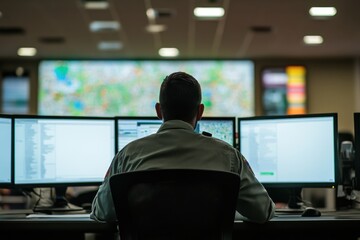 Crisis manager at work with blank monitors in a disaster control center