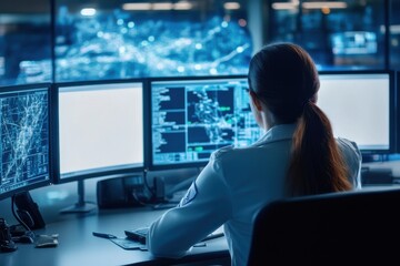 Dispatcher working at a console in a police dispatch center
