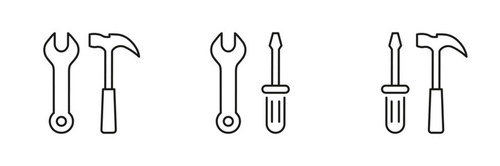 Tools Line Icon Set Including Wrench, Hammer, and Screwdriver for Maintenance and Repair. Toolkit for Maintenance Tasks Outline Symbol Collection. Editable Stroke. Isolated Vector Illustration
