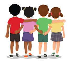 Back view cute little kids hugging embracing with arm around each others