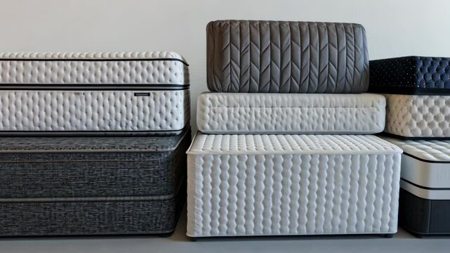 A stack of mattresses in a showroom, featuring different designs and materials