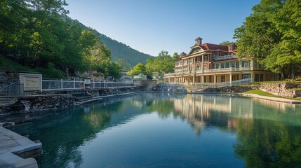 Obraz premium Scenic View of Historic Building by Peaceful Lake