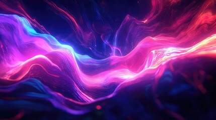 Fototapeta premium A wave of glowing, neon shapes in pink, purple, and blue, flowing across a dark background, creating a futuristic abstract design.