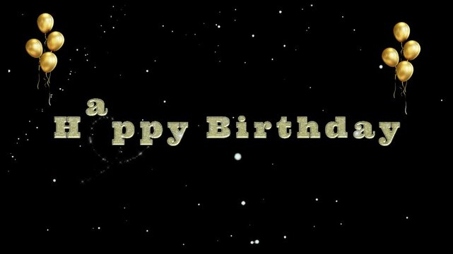 gold colored text brithday greeting video with gold balloon elements and black background fireworks