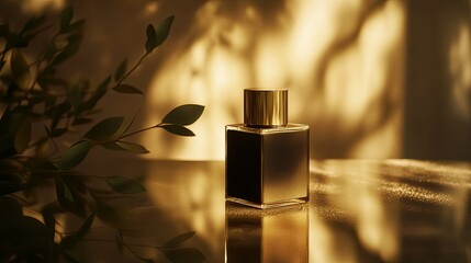 A sleek perfume bottle illuminated by soft golden light, creating an elegant and luxurious ambiance.