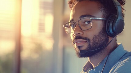 Fototapeta premium A portrait of a call center agent wearing headphones, engaged in consulting with a friendly expression, soft natural light, ideal for customer service, support, and telemarketing themes.