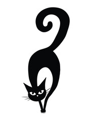 A dark character for Halloween. Black cat with isolated on white background. Spooky witch cat.