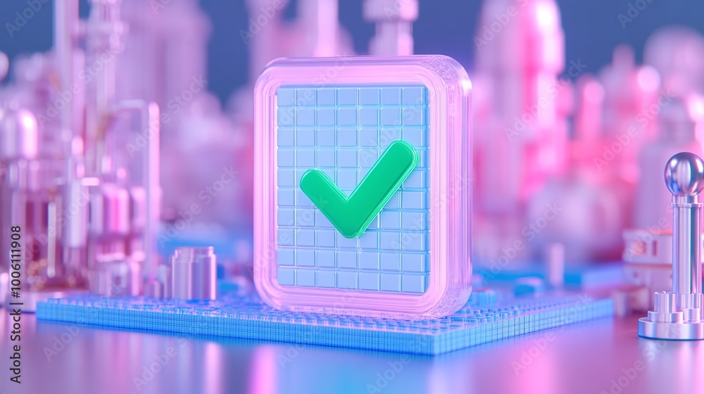 Poster 3d rendering of a green checkmark within a glowing square, surrounded by abstract digital elements.