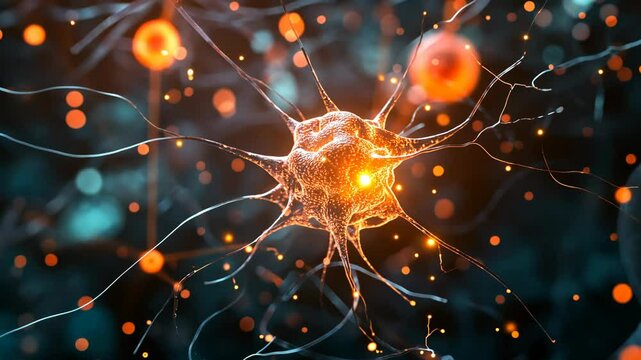 A glowing neuron with numerous dendrites and axons connecting to other cells in the nervous system