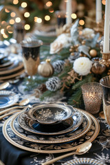 Fototapeta premium Elegant holiday dinner table setting with gold and black dishes and festive decorations