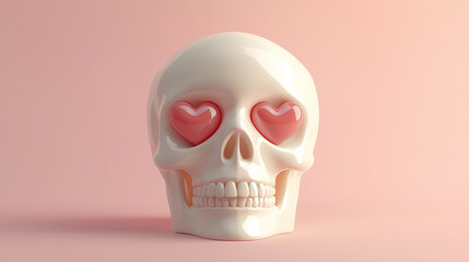 A glossy pink skull with heart-shaped eye sockets on a matching pink background, creating a surreal and whimsical visual effect.