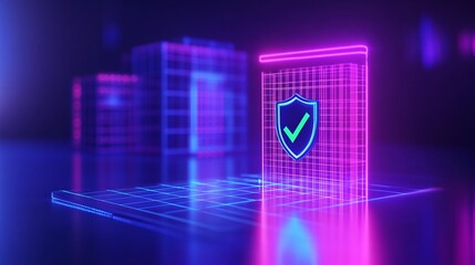 Obraz premium A futuristic digital security concept featuring neon grid patterns and a shield icon, embodying cybersecurity and protection.