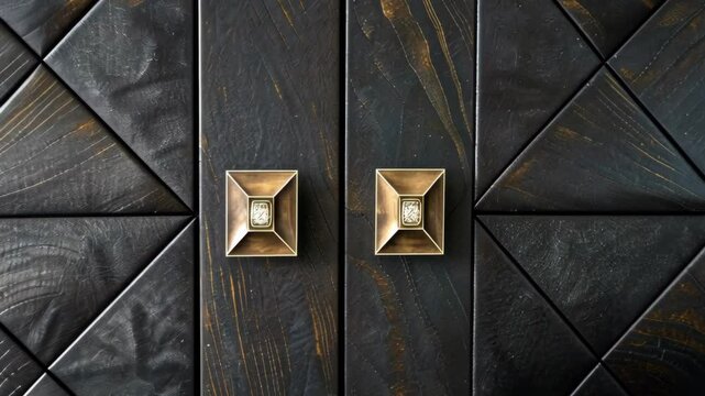 Two square cabinet knobs with a diamond-shaped inset are mounted on a black, woodgrain cabinet door with a triangular pattern
