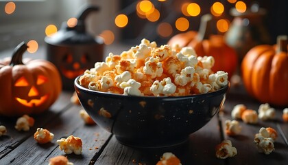 Halloween popcorn mix featuring candy corn, chocolate bats, and gummy worms, arranged in a festive bowl with glowing decorations	