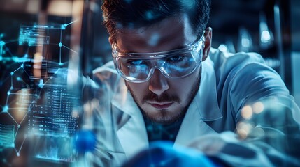 Focused Scientist Examining Data with Digital Overlay in Laboratory